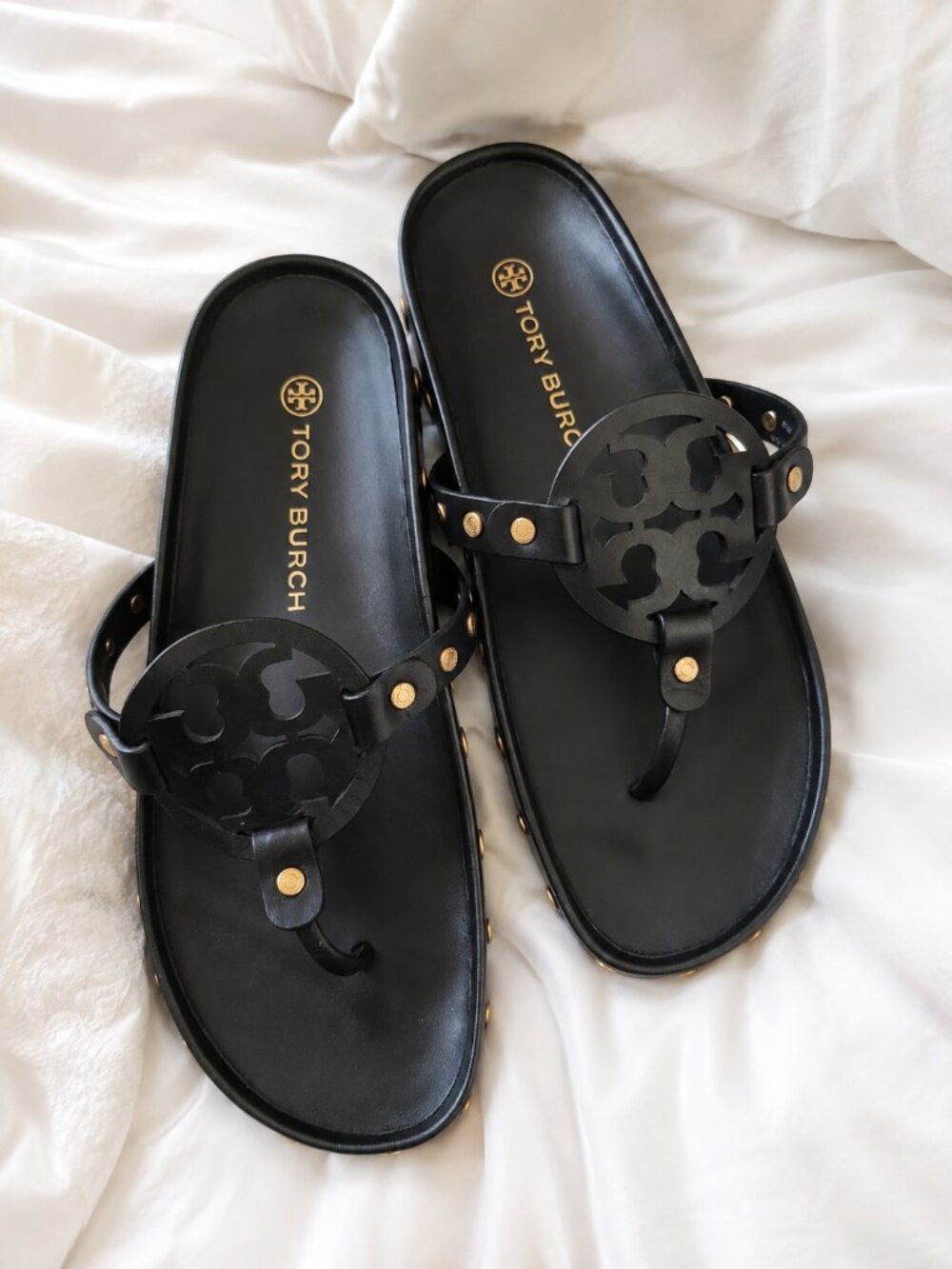 Tory Burch Black Calf Leather Miller Cloud Coin Sandals In Perfect Black - Picture 2 of 5